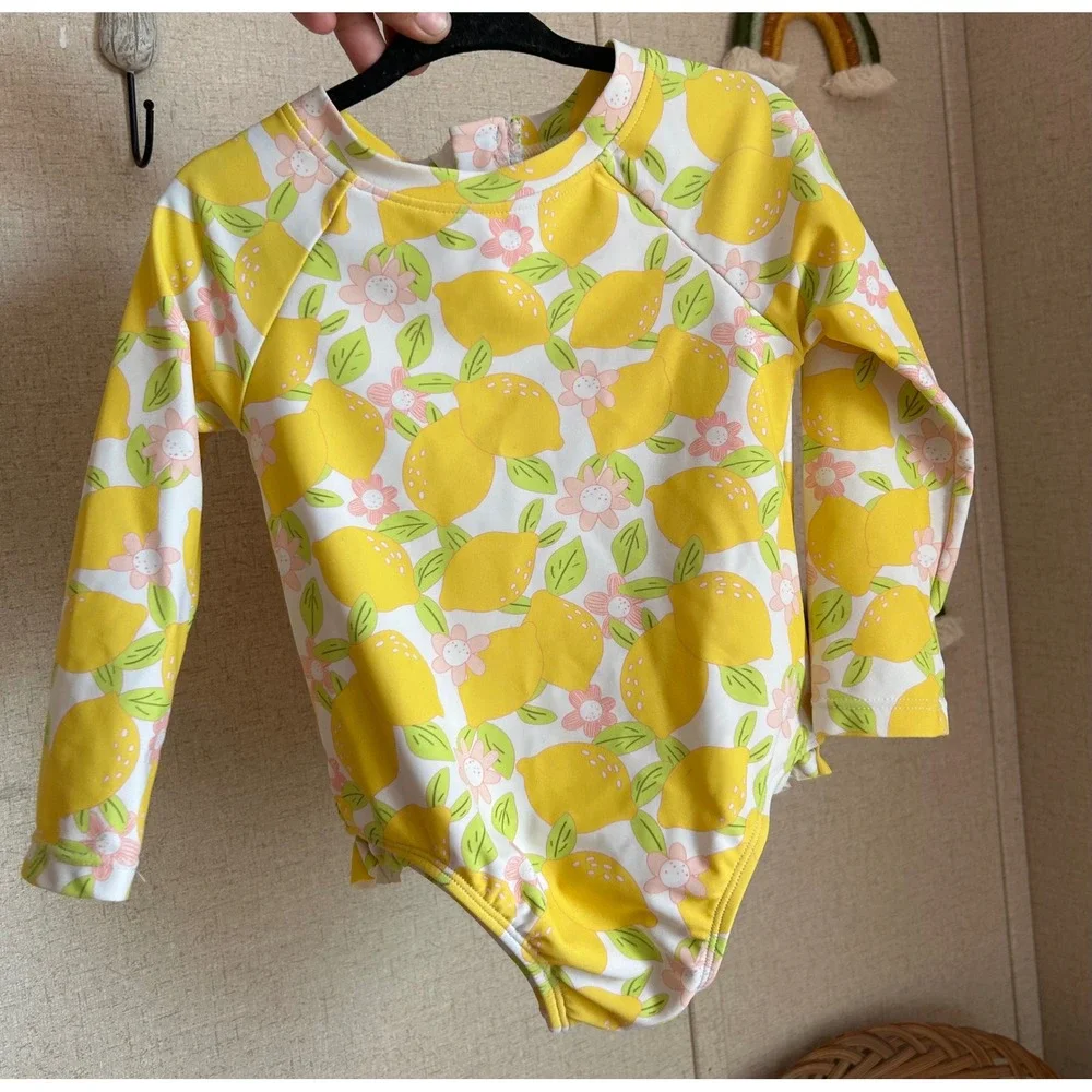 Kids Lemon Floral Long Sleeve One Piece Swimsuit Yellow Rash Guard